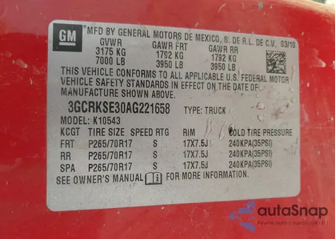 2010 Chevrolet Silverado 1500 Lt из США, поврежденный, VIN 3GCRKSE30AG221658